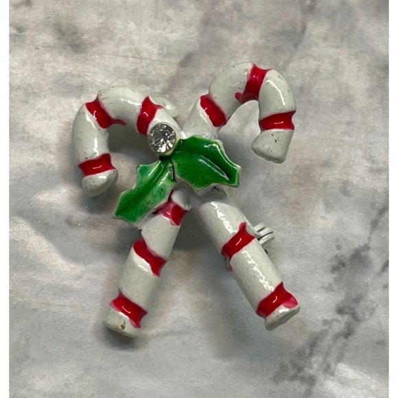 Vintage Candy Cane Christmas Pin Brooch White Red Striped with Holly Leaf - Picture 6 of 6